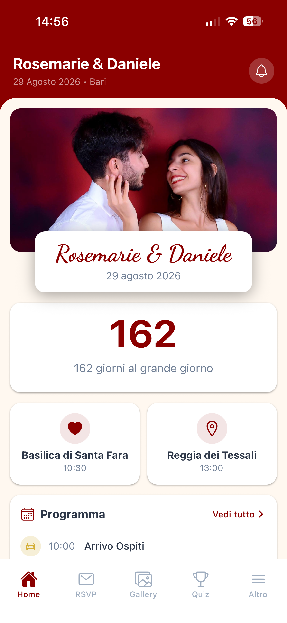 ReD Sposi home screen with countdown