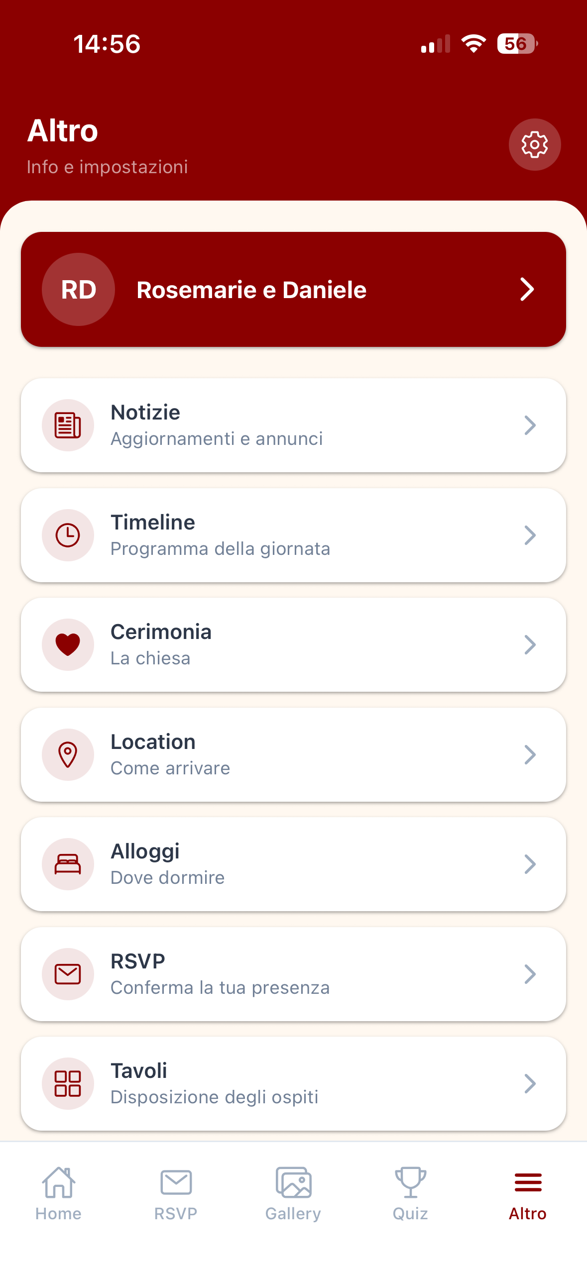 ReD Sposi menu screen