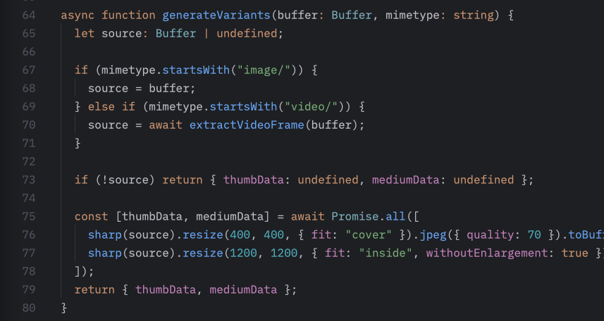 Codice della funzione generateThumbnail con Sharp