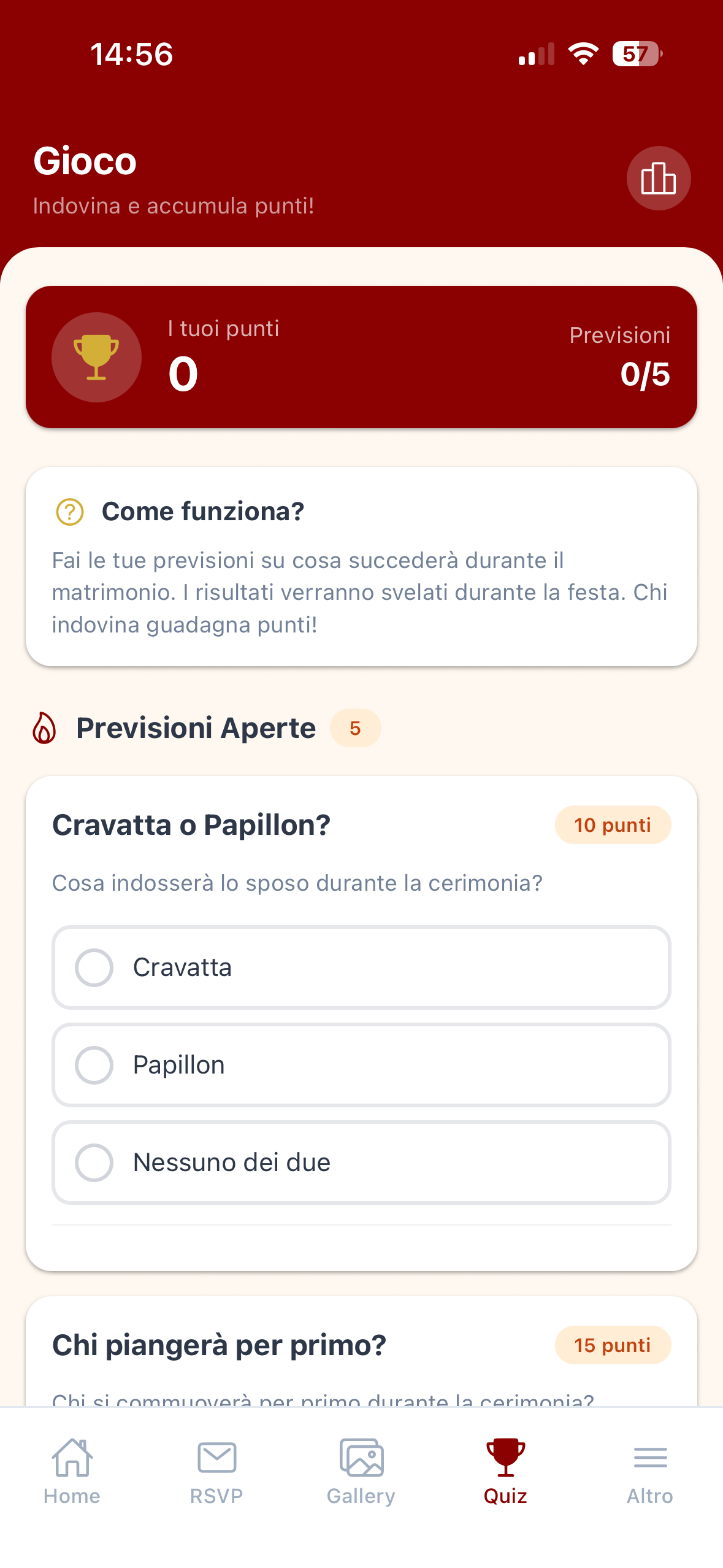 Schermata del gioco scommesse su iPhone